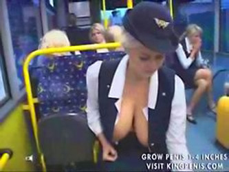 Busty stewardess public handjob in the bus