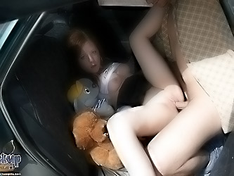 Cuddly red amateur hooked to be owned in the car