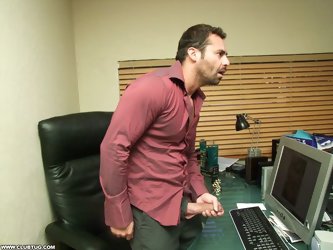 Frank is caught red handed when he gets interrupted whilst jerking off to some sexy pics he found of the two hot office secretaries Tatiana and Persia