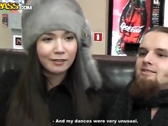 Hello to everyone! It's me, Vasya, and my sexy gf Natasha. We are in the restaurant and our friend records us on camera. After this we go home an