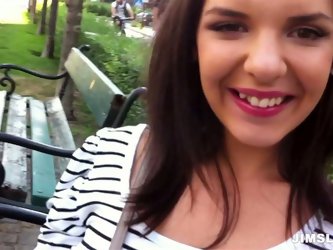 Ardent and cute brunette meets a dude in the park. This gal is promised to paid well if she poses naked on cam. Smiling gal takes the lead and goes to
