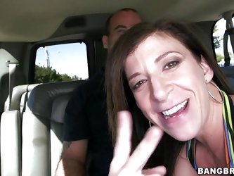 Sara Jay is in the back of the bang bus and it's cruising around looking for guys that want to fuck Sara. She sees a hunk and tells the driver to