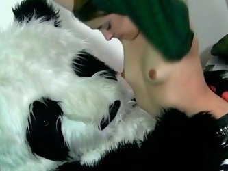 Playful dude in oversized pandy costume plays fray with fuckable teen chic. Later she takes off her clothes letting him maul her tight tits with hairy