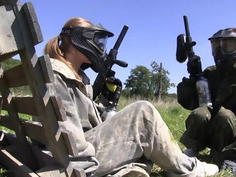 Paint ball game turns into a cock sharing game for two sluts