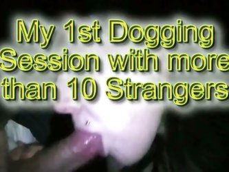 This was my first public group dogging experience as me and more than ten other strangers got our hard dicks sucked by a dark haired milf slut with bi