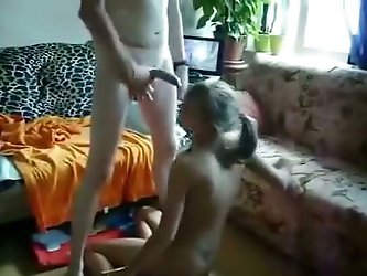 Insatiable blonde chick blows cock like professional porn actress. She loves sucking big poles and two dudes attack her mouth hole.