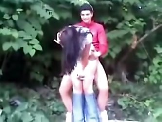 Teens in a Serbian forest and caught by a friend on cellphone. They keep fucking in a standing position.
