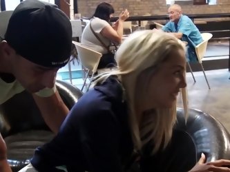 Hot blonde is getting her pussy fucked while she is in a cafe
