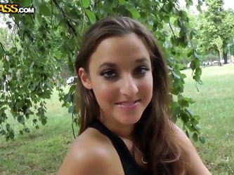Teen brunette slut Amira Adara with slim sexy body and pierced belly button in provocative outfit strips in the park while dirty dude films in her poi
