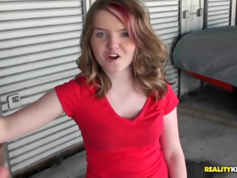 Petite naive looking teen slut Cassy with natural boobs in booty shorts and flip flops sucks Jmac and gets his meaty pecker up her twat in public in p