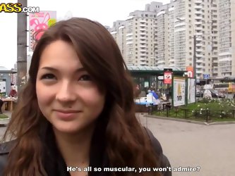 These nasty Russian guys seduce hot girls in the street offering them cash for showing off their pussies and boobs! This sexy hot Maddie not only show